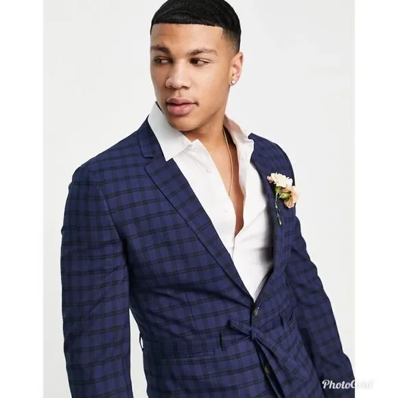 ASOS DESIGN skinny suit belted jacket with dark blue windowpane check